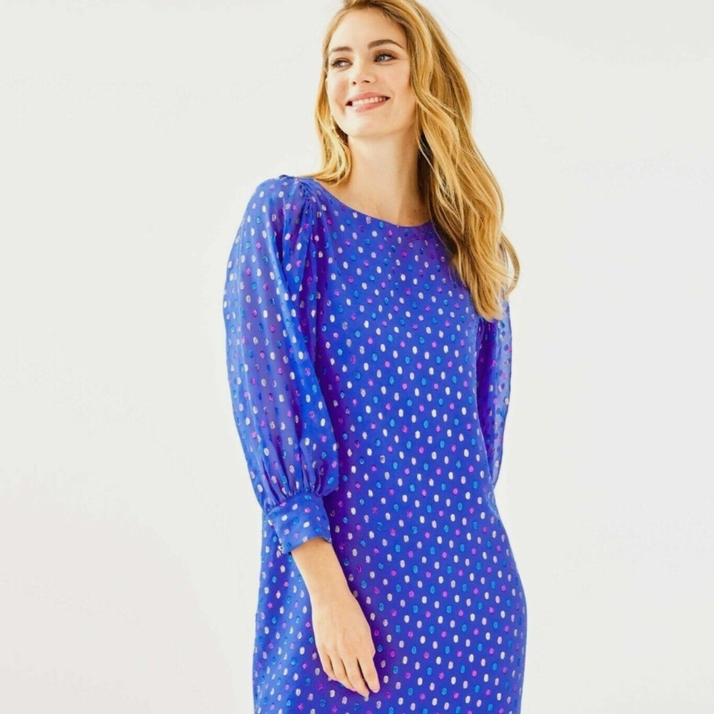Lilly Pulitzer NWT Maisel Silk Dress Iris Blue Moroccan Metallic Clip Sz 8 Chic